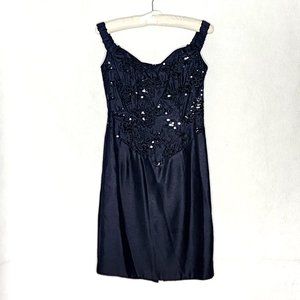 Scott McClintock Vtg 90s Black Embroidered Sequin Formal Dress Off Shoulder